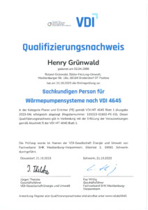 Qualifiziert gemäß VDI 4645 zur Errichtung von Wärmepumpen Anlagen