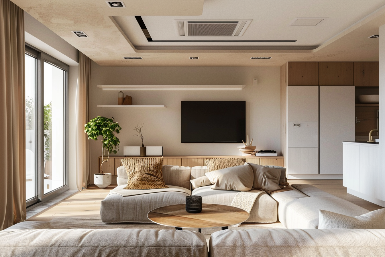 Wohnraum in warmen Farben als Symbol für kontrollierte Wohnraumlüftung